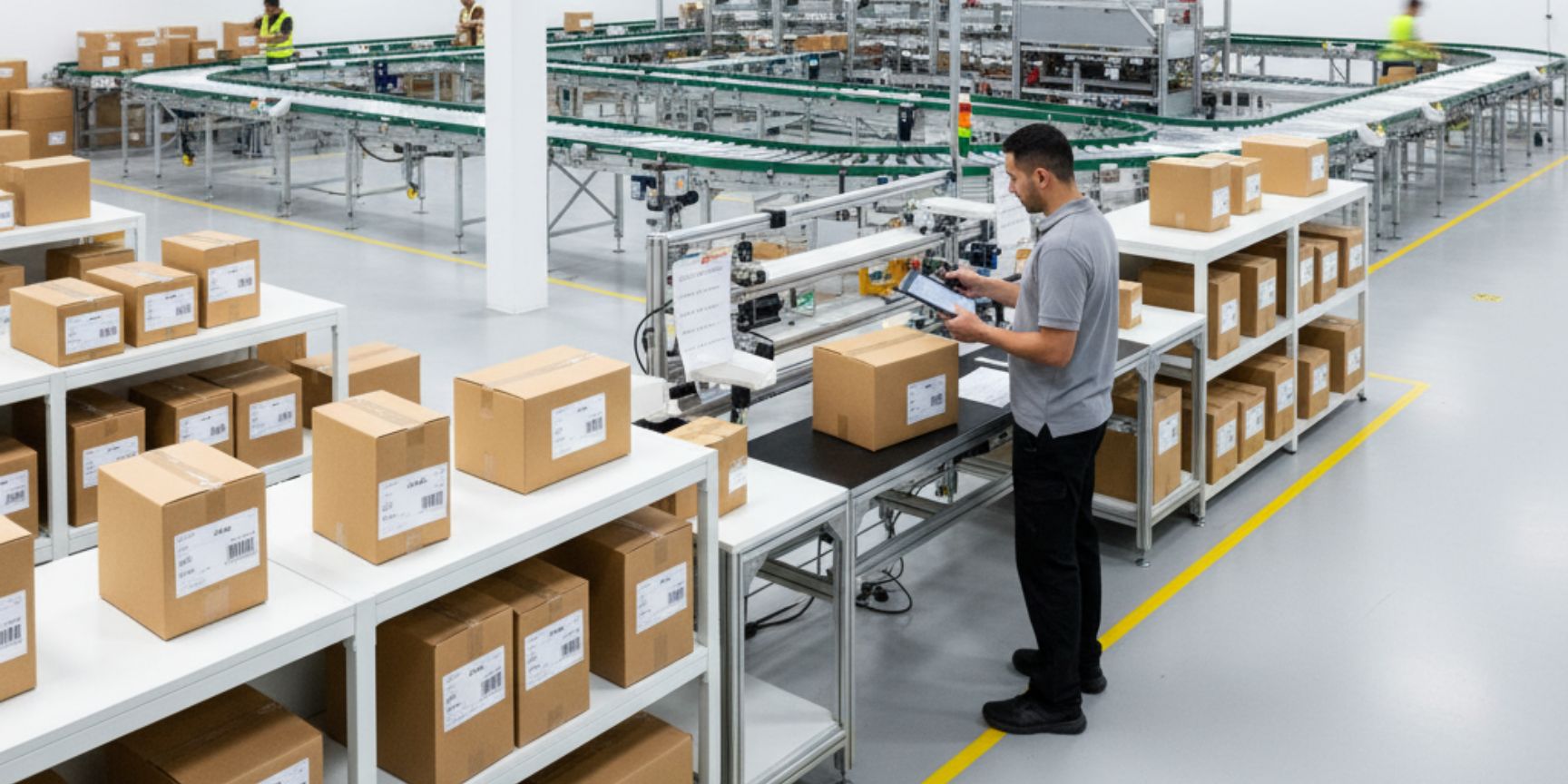 Kommissionierpufferzone, Konsolidierung Pakete für Versand, Mitarbeiter am Packtisch, Prozessoptimierung Warenausgang